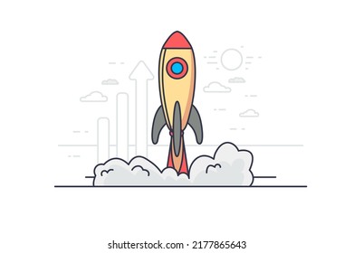 Startup concept in flat outline design. Starting and developing new business, success investments and entrepreneurship. Vector illustration with colorful line web scene with space rocket flies to sky