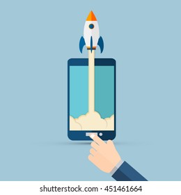 Startup concept - Flat style vector illustration of rocket launching from mobile phone