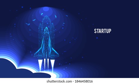 Startup concept. Flying Shuttle from triangles and luminous points. Background of beautiful dark blue night sky. Vector Polygonal illustration. Low poly.