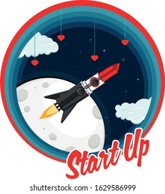 Startup Concept. Glamor womens rocket in the form of lipstick fly in space. Business Woman Launching New Project Successful Start Up