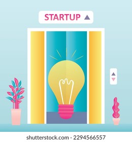 Startup, concept. Glowing light bulb in elevator. Idea pitching, brainstorming. New business project. Elevator lifts idea bulb to new stage or level. flat vector illustration