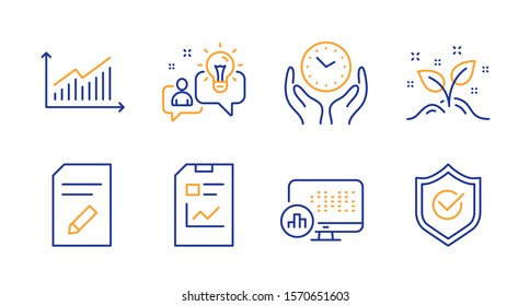 Startup concept, Graph and Safe time line icons set. Report document, Idea and Edit document signs. Report statistics, Approved shield symbols. Launch project, Presentation diagram. Vector