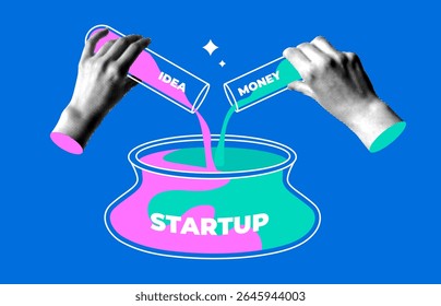 Conceito de inicialização. Mãos de meio-tom derramando ideia e dinheiro de tubos de teste em um pote comum. Conceito de trabalho em equipe. Investimentos em um novo negócio. Esforços comuns. Componentes do sucesso. Colagem moderna