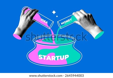 Startup concept. Halftone hands pouring idea and money from test tubes into a common pot. Teamwork concept. Investments in a new business. Common efforts. Components of success. Modern collage