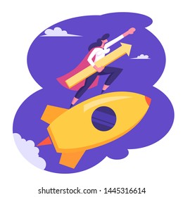 Startup Concept With Happy Superhero Businessperson Character Flying On Rocket In Sky With Arrow Underarm . Business Woman Launching New Project Successful Start Up. Cartoon Flat Vector Illustration