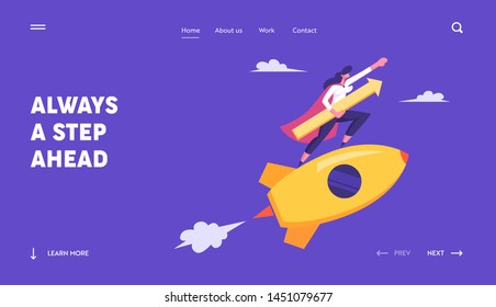 Startup Concept With Happy Superhero Businessperson Character Flying On Rocket With Arrow . Business Woman Successful Start Up. Website Landing Page, Web Page. Cartoon Flat Vector Illustration, Banner