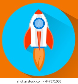 Startup concept icon in flat style. Space rocket ship flying in the sky. Vector illustration. EPS10
