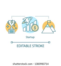 Startup concept icon. Movement to victory. Goals achievement. Company revenue growth. Successful business idea thin line illustration. Vector isolated outline drawing. Editable stroke
