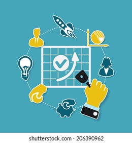 Startup concept illustration with analytic sheet and icons on blue background