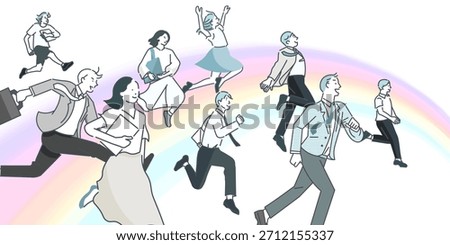 Startup Concept Illustration - Business Professionals - Men and Women Dreaming of a Bright Future - Rainbow Background Illustration Material