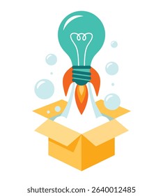 Startup Concept Illustration with Lightbulb Rocket Launching from Cardboard Box Flat Design on White Background