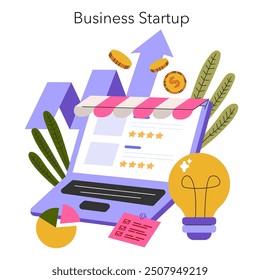 Startup concept. An illustration of a new business growth with essential icons: light bulb of ideas, upward arrows, and laptop. Vector illustration.