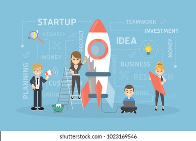 Startup Concept Illustration. People Building Rocket And Business.