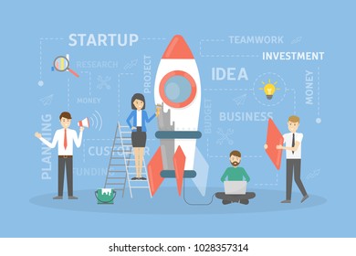 Startup Concept Illustration. People Building Rocket And Business.