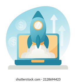 Startup-Konzept der Illustration mit Raketen, die aus dem Laptop-Bildschirm fliegen. Erfolgreicher Unternehmensstart. Investitionswachstum.