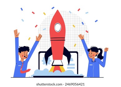 Startup concept illustration. Rocket launch, confetti and excitement product launches.	