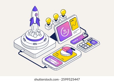 Startup concept. Innovation solution development 3d scene design. Launch a new product on a market. Isometric vector illustration.