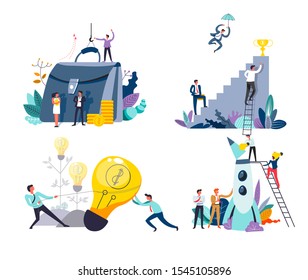 Startup concept isolated icons, idea and finance, career goals and project launch vector. Money and briefcase, ladder with gold cup and light bulb. Rocket or spaceship start, business and teamwork