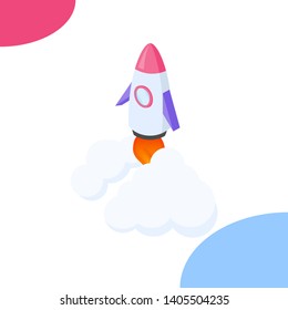 Startup concept in isometry. A rocket taking off. Vector illustration of a startup concept.
