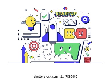 Startup concept. Laptop, rocket and related icons. Flat line 90s cartoon style. Vector illustration