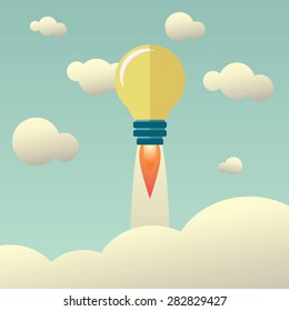 Startup concept with light bulb flying above clouds into space. Vintage colors modern abstract symbol of business. Eps10 vector illustration.