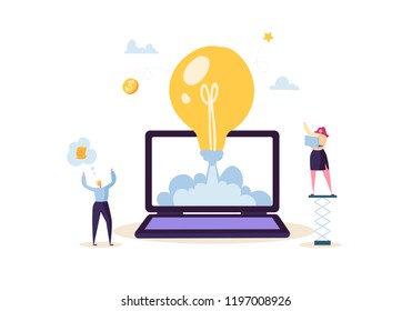 Startup Concept with Light Bulb and Happy Characters. Flat Business People Launching Rocket from Laptop. New Project Successful Start Up. Vector illustration