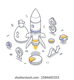 Startup concept line art. Rocket taking off surrounded by symbols of success including money bags, growth charts, and rewards highlighting business startup achievements. Vector illustration