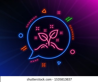 Startup concept line icon. Neon laser lights. Idea leaves sign. Launch project symbol. Glow laser speech bubble. Neon lights chat bubble. Banner badge with startup concept icon. Vector