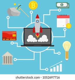 Startup, startup concept. The concept of making money on the Internet. The rocket takes off from the laptop. Earning of the crypto currency. Flat design, vector illustration, vector.