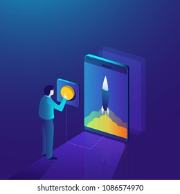 Startup concept modern style, consumerism and people concept. business series online using smartphone. Can be used for web, graphic design and brochure. vector illustration design.