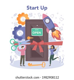 Startup concept. New business launching. Idea of project planning, promotion, management and marketing. Business development. Flat vector illustration