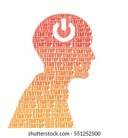 startup concept on a vector tag cloud silhouette of a man with power symbol in the head