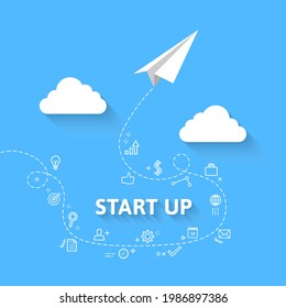 Startup concept with paper plane. Airplane flying, blue sky, white clouds. Start up, project and related icons along the way. Vector illustration in minimalist style and flat design.