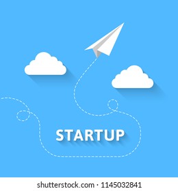 Startup concept with paper plane flying and soaring through the blue sky and white clouds. Vector illustration in minimalist style and flat design.