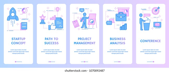 Startup concept, Path to success, Project management, Business analysis, Conference Vertical Cards with strong metaphors. Template for website design.