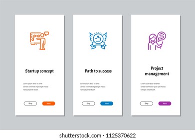 Startup concept, Path to success, Project management onboarding screens with strong metaphors