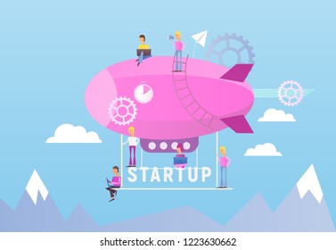 Startup Concept - People Fly Forward on the Airship. Vector Illustration for Web Page, Website, Banner, Social Media and Landing Page. New Business 