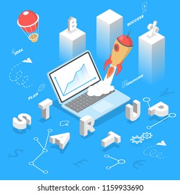 Startup concept. People have idea and launch the business working in a team. Idea of project planning, promotion, management and marketing. Flat vector illustration