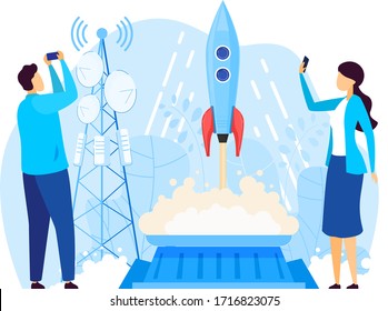 Startup Concept Menschen starten Rakete, Mann und Frau erfolgreich Projektpartner, Vektorillustration Illustration. Kreative Innovationsentwicklung, Unternehmensziele. Strategie für unternehmerische Initiative