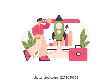 Startup concept with people scene in the flat cartoon design. Man is working on launching a business startup. Vector illustration.