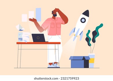 Startup concept with people scene in the flat cartoon style. A young businessman is working on a startup. Vector illustration.