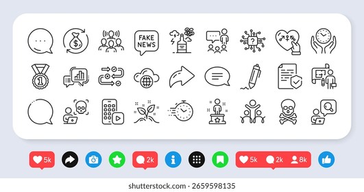 Concepto de inicio, App de teléfono y paquete de iconos de línea de tiempo seguro. Redes sociales: compartir, comentar, dar me gusta a los iconos. Equipo de trabajo, noticias falsas, icono de Web de inclusión. Chat, géneros, pictograma de temporizador. Vector