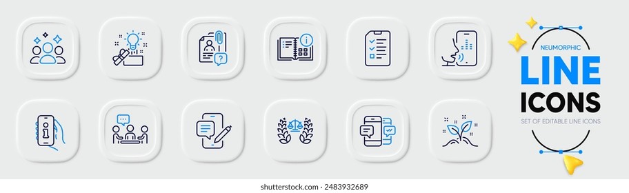 Startup concept, Phone chat and Justice scales line icons for web app. Pack of Creative idea, Squad, Interview pictogram icons. People chatting, Support, Voicemail signs. Search employee. Vector