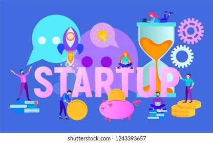 Startup concept, piggybank as simbol of effective marketing, team work, starting a business project, analysis and business planning. Vector illstration for webdesign and social media.