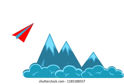 Startup concept. Red paper airplane. Stars, mountain, sky. Success, profit, investments. To the target. Creative vector illustration.