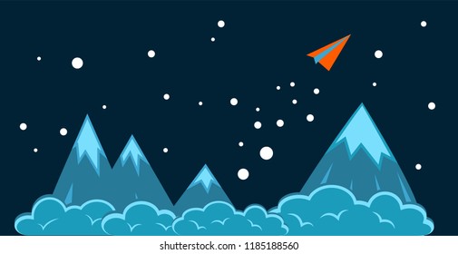 Startup concept. Red paper airplane. Stars, mountain, sky. Success, profit, investments. To the target. Creative vector illustration.