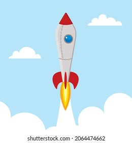 startup concept, rocket cartoon style, sky and clouds, vector illustration