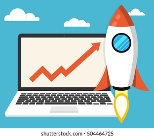 Startup concept. Rocket, chart and laptop on the illustration as a symbol of success. Project development. Flat vector.