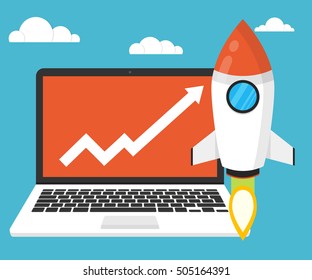 Startup concept. Rocket, chart and laptop on the illustration as a symbol of success. Project development. Flat vector.