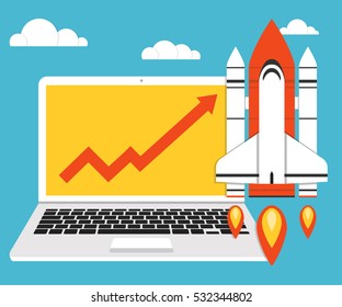 Startup concept. Rocket, chart and laptop on the illustration as a symbol of success. Project development. Flat vector.